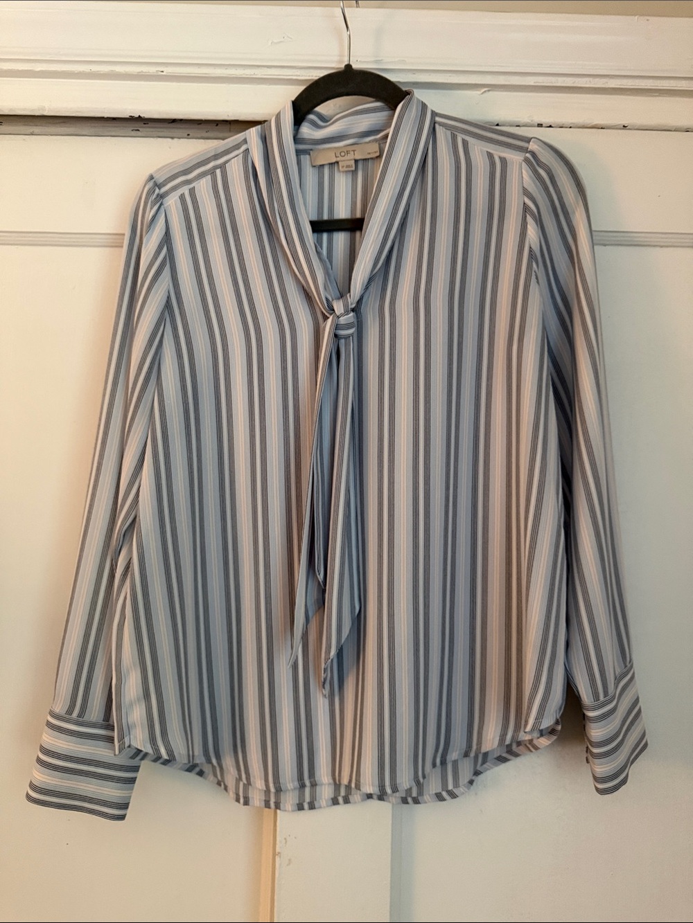 LOFT Blue and White Striped Tie-Neck Blouse SP